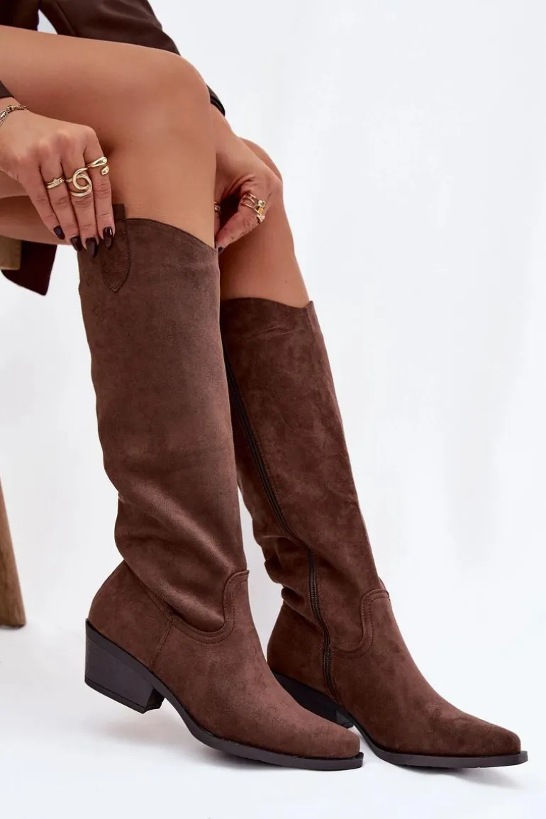 Kozaki Kowbojki Damskie Na Obcasie Z Eko Zamszu Brązowe Esmira