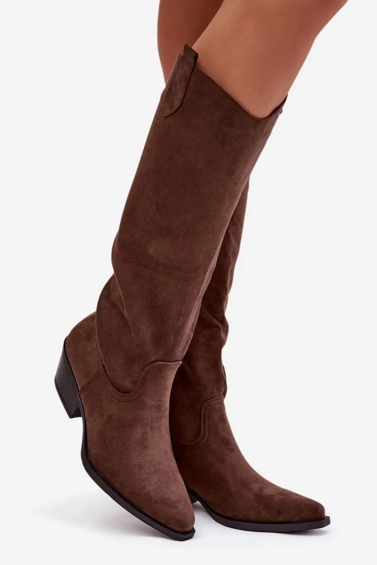 Kozaki Kowbojki Damskie Na Obcasie Z Eko Zamszu Brązowe Esmira