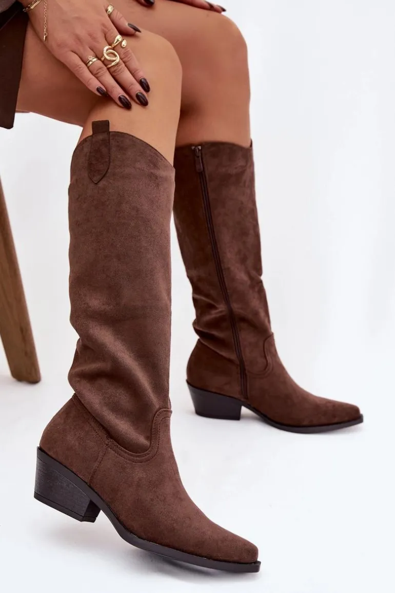 Kozaki Kowbojki Damskie Na Obcasie Z Eko Zamszu Brązowe Esmira