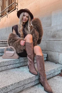 Kozaki Kowbojki Damskie Na Obcasie Z Eko Zamszu Brązowe Esmira