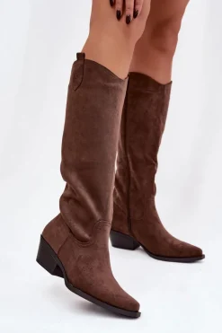 Kozaki Kowbojki Damskie Na Obcasie Z Eko Zamszu Brązowe Esmira