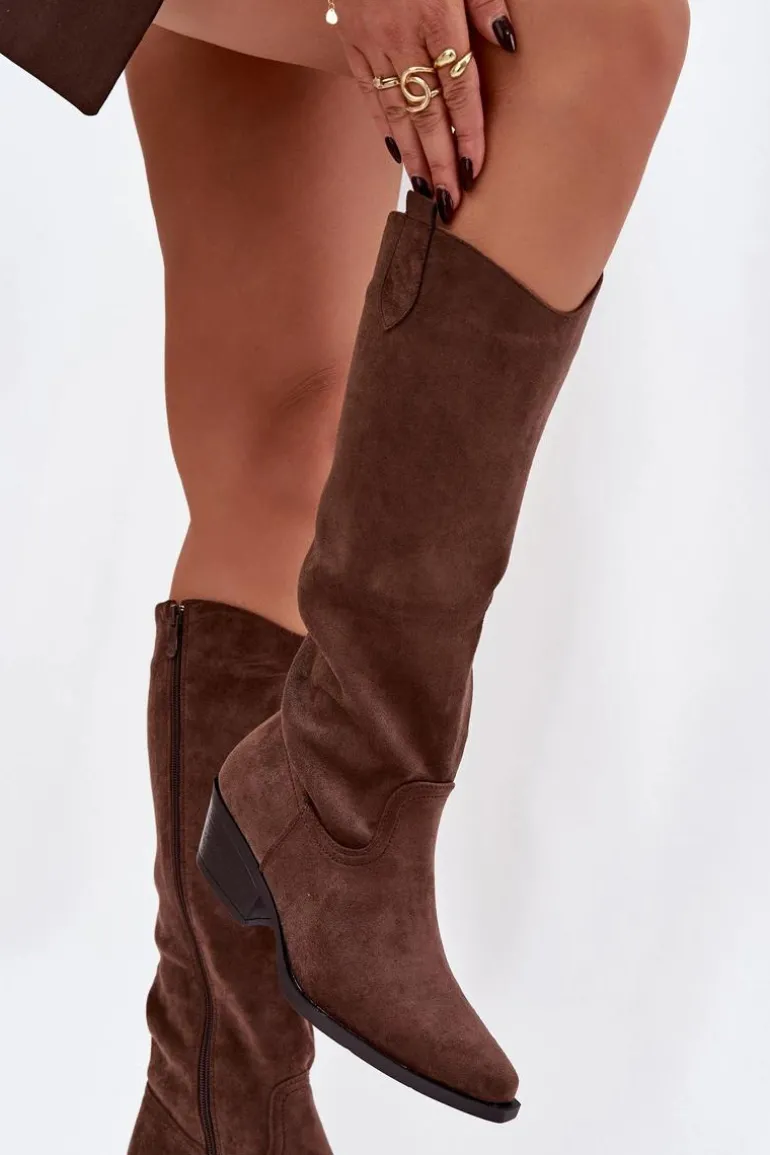 Kozaki Kowbojki Damskie Na Obcasie Z Eko Zamszu Brązowe Esmira