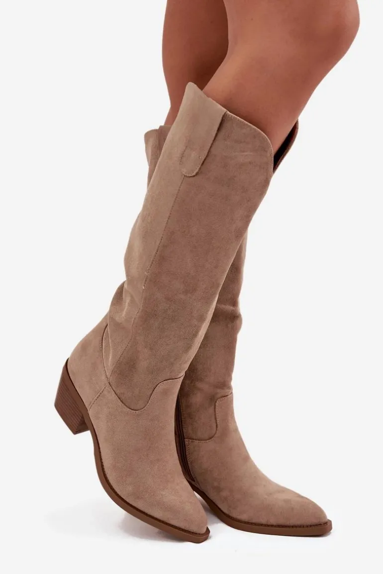 Kozaki Kowbojki Damskie Na Obcasie Z Eko Zamszu Beżowe Esmira