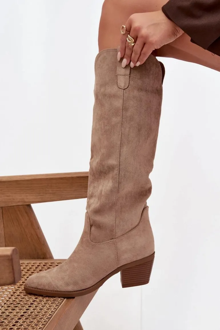 Kozaki Kowbojki Damskie Na Obcasie Z Eko Zamszu Beżowe Esmira