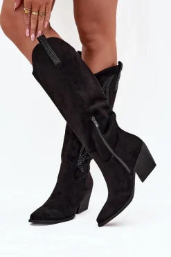 Kozaki Kowbojki Damskie Ze Zdobieniem Na Słupku Czarne Jovina