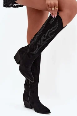 Kozaki Kowbojki Damskie Ze Zdobieniem Na Słupku Czarne Jovina