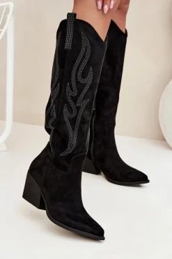 Kozaki Kowbojki Damskie Ze Zdobieniem Na Słupku Czarne Jovina