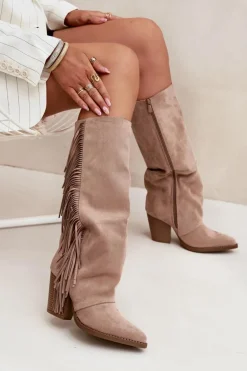 Kozaki Kowbojki Damskie Z Frędzlami Na Słupku Beżowe Tivara