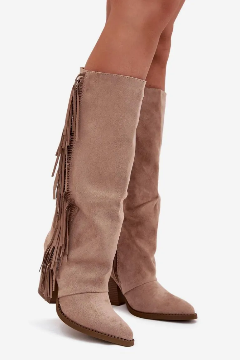 Kozaki Kowbojki Damskie Z Frędzlami Na Słupku Beżowe Tivara