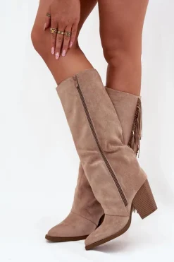 Kozaki Kowbojki Damskie Z Frędzlami Na Słupku Beżowe Tivara