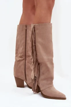 Kozaki Kowbojki Damskie Z Frędzlami Na Słupku Beżowe Tivara