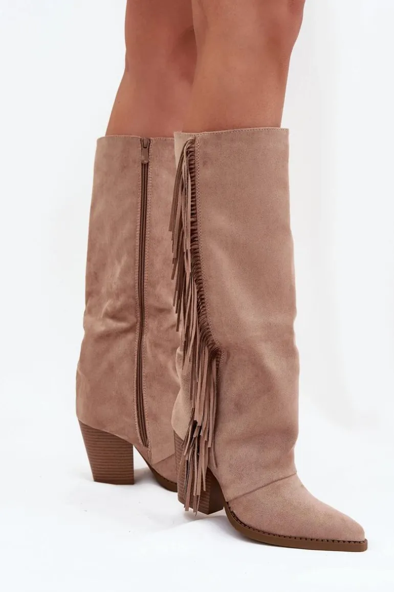 Kozaki Kowbojki Damskie Z Frędzlami Na Słupku Beżowe Tivara