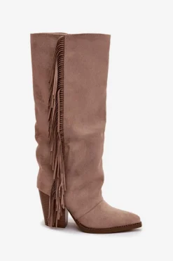 Kozaki Kowbojki Damskie Z Frędzlami Na Słupku Beżowe Tivara