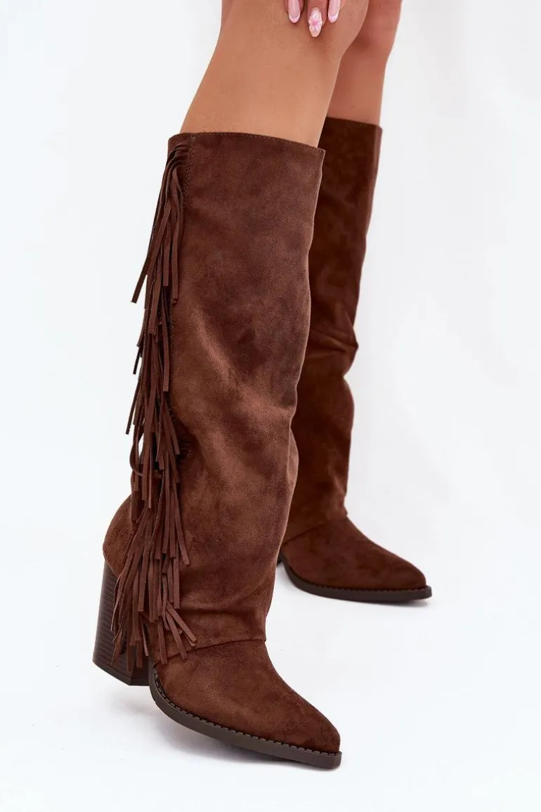 Kozaki Kowbojki Damskie Z Frędzlami Na Słupku Brązowe Tivara