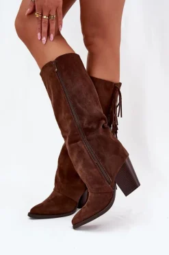 Kozaki Kowbojki Damskie Z Frędzlami Na Słupku Brązowe Tivara