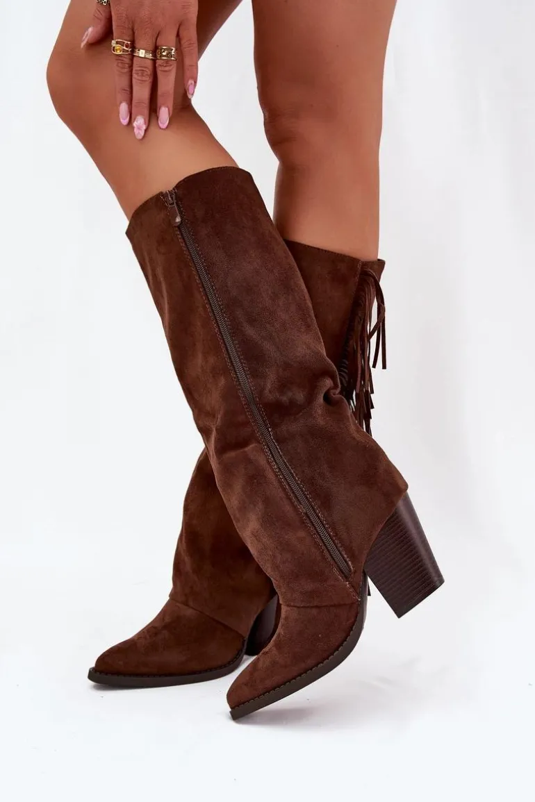 Kozaki Kowbojki Damskie Z Frędzlami Na Słupku Brązowe Tivara