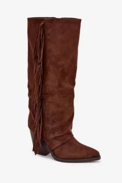 Kozaki Kowbojki Damskie Z Frędzlami Na Słupku Brązowe Tivara