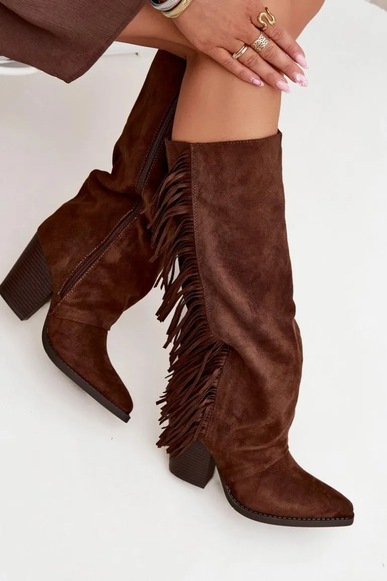 Kozaki Kowbojki Damskie Z Frędzlami Na Słupku Brązowe Tivara