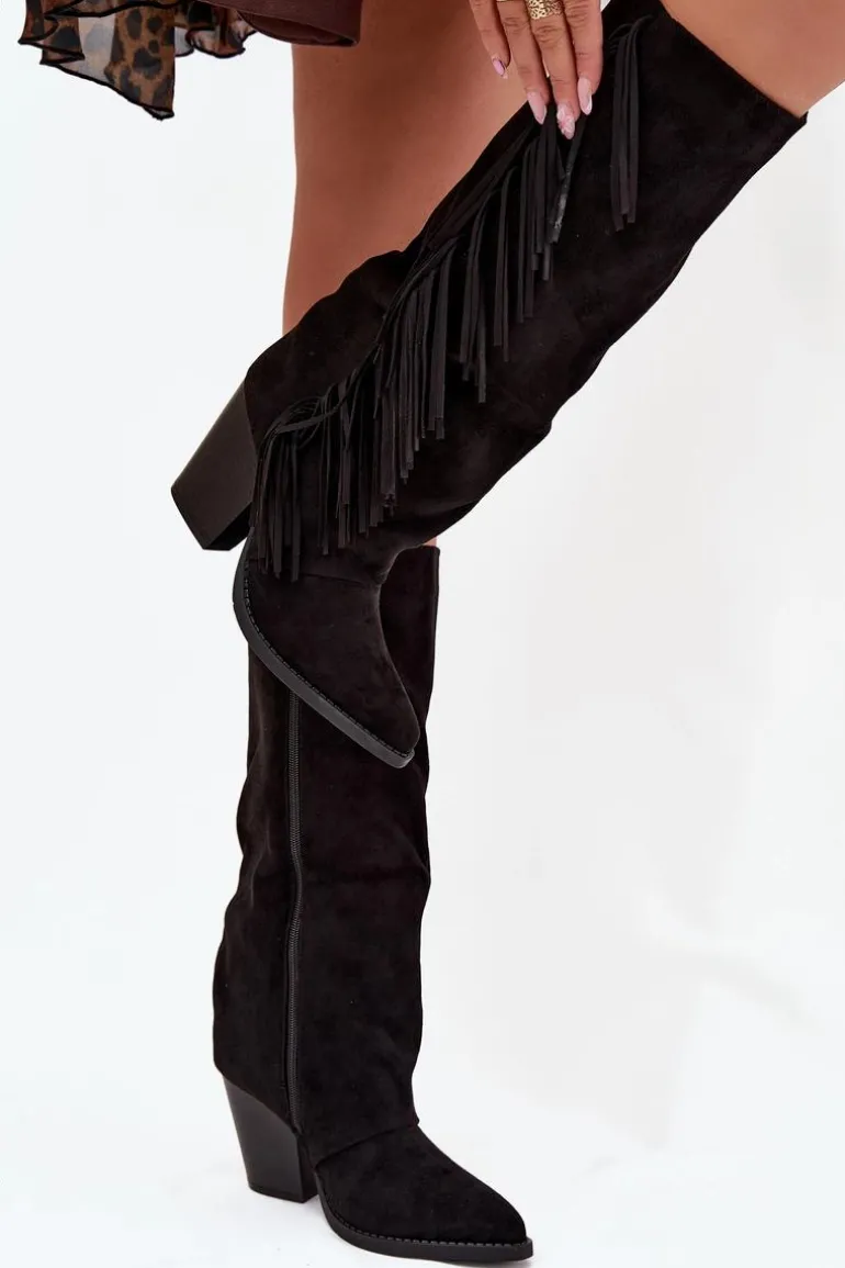 Kozaki Kowbojki Damskie Z Frędzlami Na Słupku Czarne Tivara