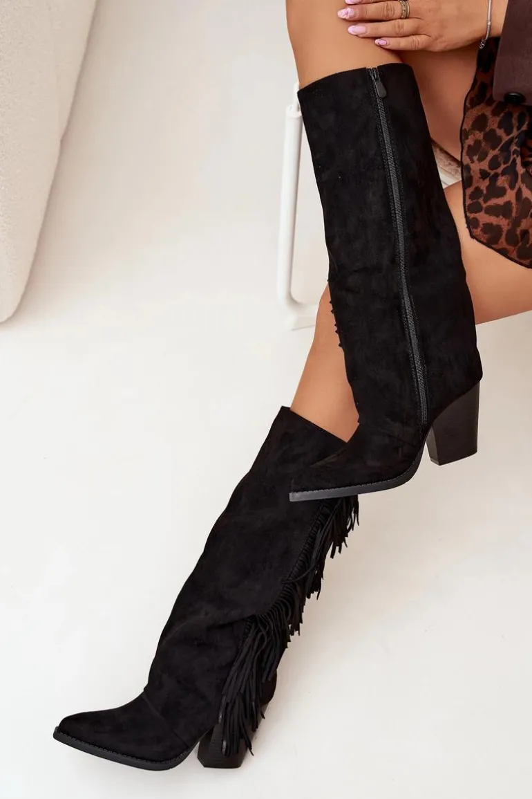 Kozaki Kowbojki Damskie Z Frędzlami Na Słupku Czarne Tivara