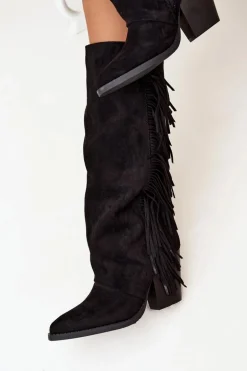 Kozaki Kowbojki Damskie Z Frędzlami Na Słupku Czarne Tivara