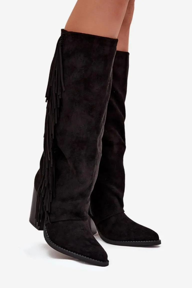 Kozaki Kowbojki Damskie Z Frędzlami Na Słupku Czarne Tivara