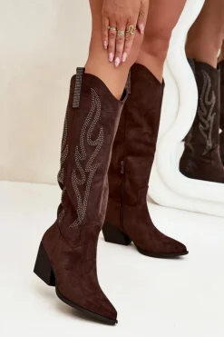 Kozaki Kowbojki Damskie Ze Zdobieniem Na Słupku Czekoladowe Jovina