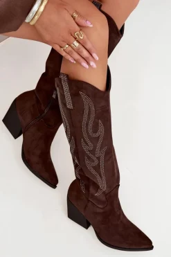 Kozaki Kowbojki Damskie Ze Zdobieniem Na Słupku Czekoladowe Jovina