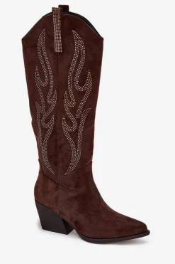 Kozaki Kowbojki Damskie Ze Zdobieniem Na Słupku Czekoladowe Jovina