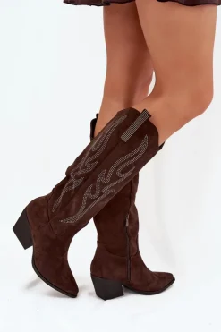 Kozaki Kowbojki Damskie Ze Zdobieniem Na Słupku Czekoladowe Jovina