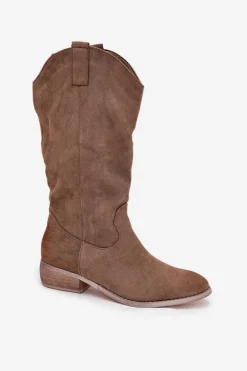 Kozaki Kowbojki Na Niskim Obcasie Z Eko Zamszu Ciemnobeżowe Cherrie