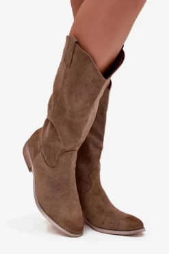 Kozaki Kowbojki Na Niskim Obcasie Z Eko Zamszu Ciemnobeżowe Cherrie