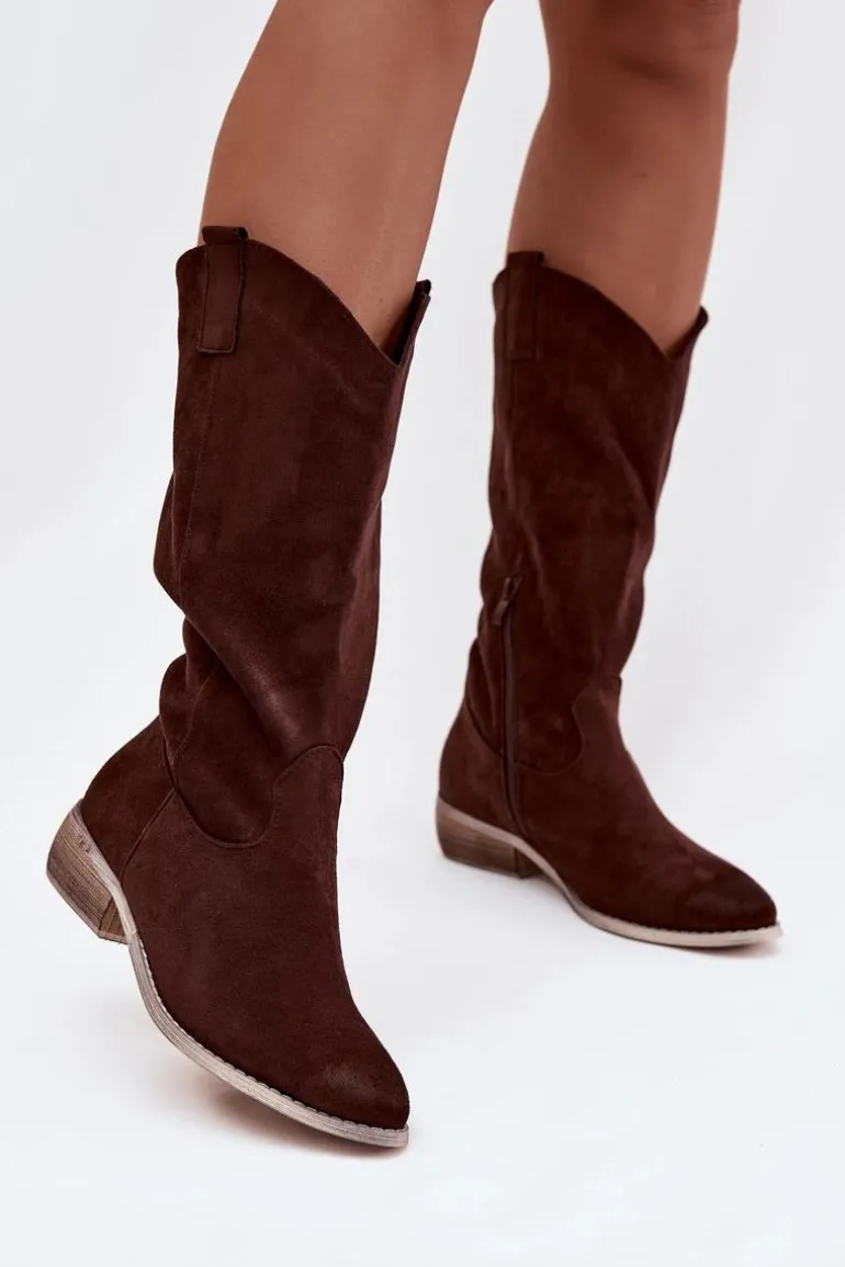 Kozaki Kowbojki Na Niskim Obcasie Z Eko Zamszu Czekoladowe Cherrie