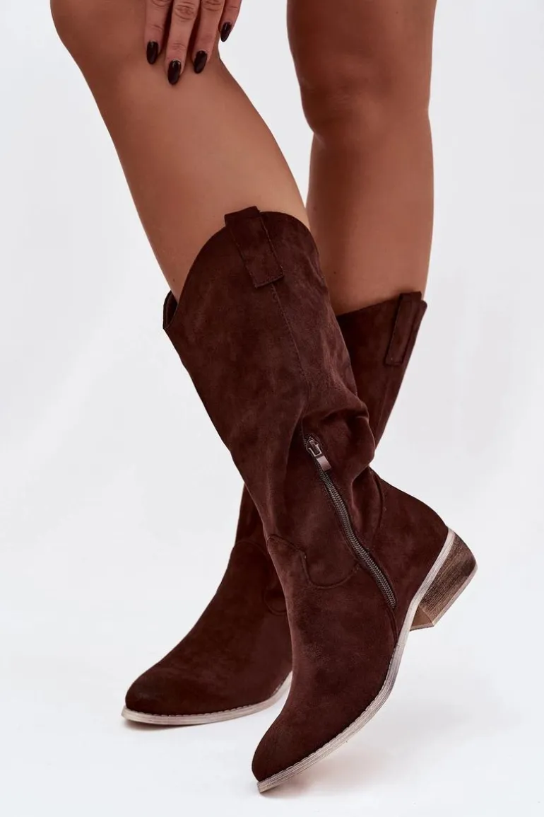 Kozaki Kowbojki Na Niskim Obcasie Z Eko Zamszu Czekoladowe Cherrie