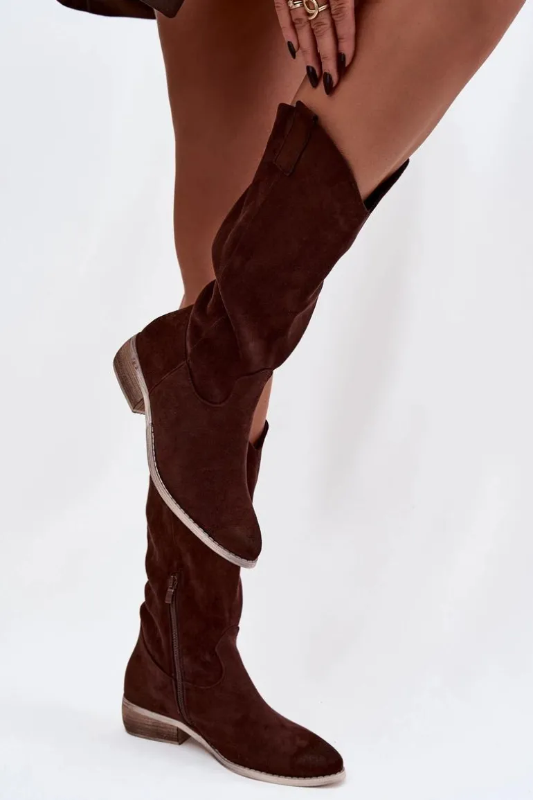 Kozaki Kowbojki Na Niskim Obcasie Z Eko Zamszu Czekoladowe Cherrie