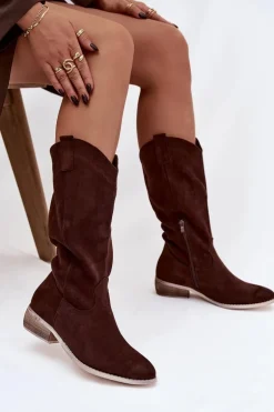 Kozaki Kowbojki Na Niskim Obcasie Z Eko Zamszu Czekoladowe Cherrie