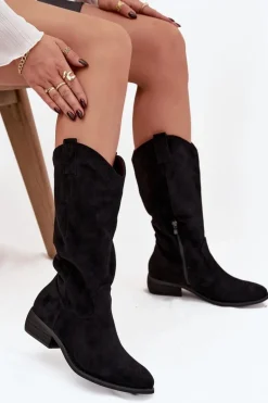 Kozaki Kowbojki Na Niskim Obcasie Z Eko Zamszu Czarne Cherrie