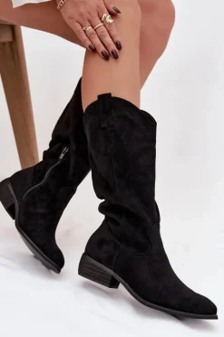 Kozaki Kowbojki Na Niskim Obcasie Z Eko Zamszu Czarne Cherrie