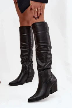 Kozaki Kowbojki Na Obcasie Z Marszczeniem Ocieplane Czarne Rosvian