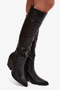 Kozaki Kowbojki Na Obcasie Z Marszczeniem Ocieplane Czarne Rosvian