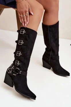 Kozaki Kowbojki Na Słupku Z Klamrami Czarne Fivelle