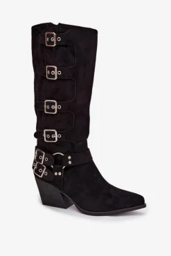 Kozaki Kowbojki Na Słupku Z Klamrami Czarne Fivelle