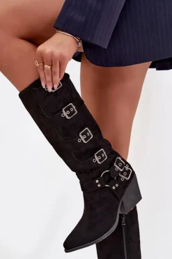 Kozaki Kowbojki Na Słupku Z Klamrami Czarne Fivelle