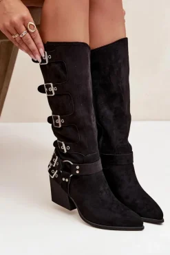 Kozaki Kowbojki Na Słupku Z Klamrami Czarne Fivelle