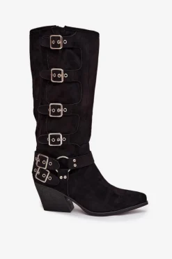 Kozaki Kowbojki Na Słupku Z Klamrami Czarne Fivelle