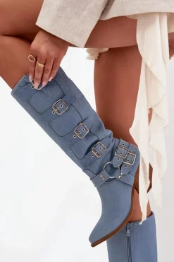 Kozaki Kowbojki Na Słupku Z Klamrami Jeansowe Fivelle