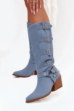 Kozaki Kowbojki Na Słupku Z Klamrami Jeansowe Fivelle