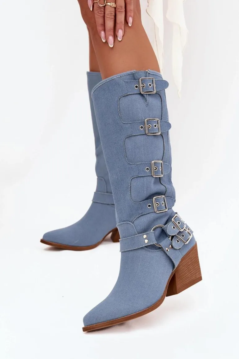 Kozaki Kowbojki Na Słupku Z Klamrami Jeansowe Fivelle