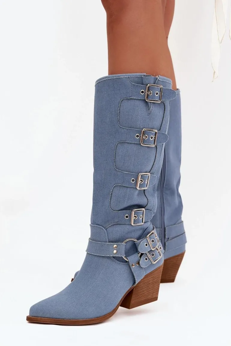 Kozaki Kowbojki Na Słupku Z Klamrami Jeansowe Fivelle