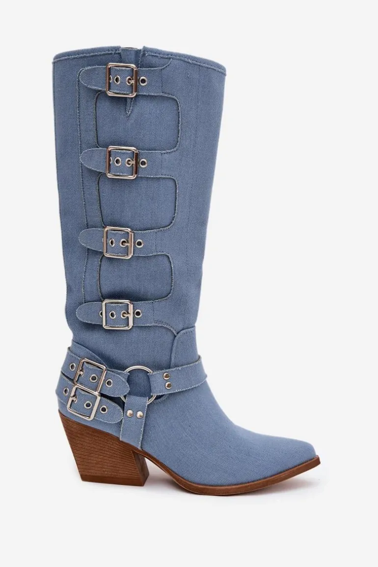 Kozaki Kowbojki Na Słupku Z Klamrami Jeansowe Fivelle